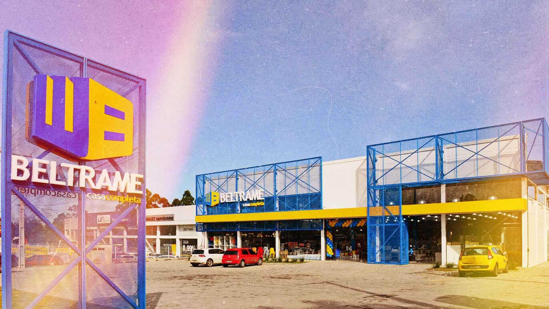 Logo da empresa Beltrame nas cores amarelo e azul em frente e a loja de fundo. Beltrame é um parceiro CISS.