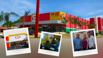 pessoas mostrando um contrato de negócios assinado e faixada do supermercado Superbig.