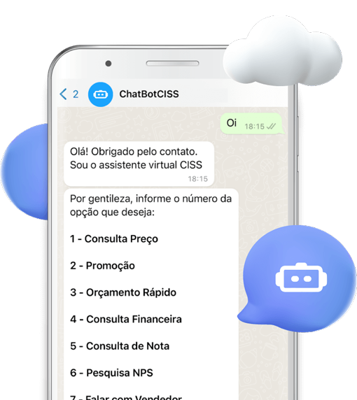 Smartphone exibindo conversa do ChatBotCISS, oferecendo opções de menu como promoção, consulta rápida e consulta de fatura. 