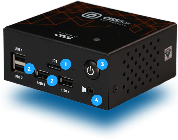 Parte frontal do CISSBox mostrando as conexões que o aparelho disponibiliza. O CISSBox tem o formato quadrado e a cor preta é a predominante.