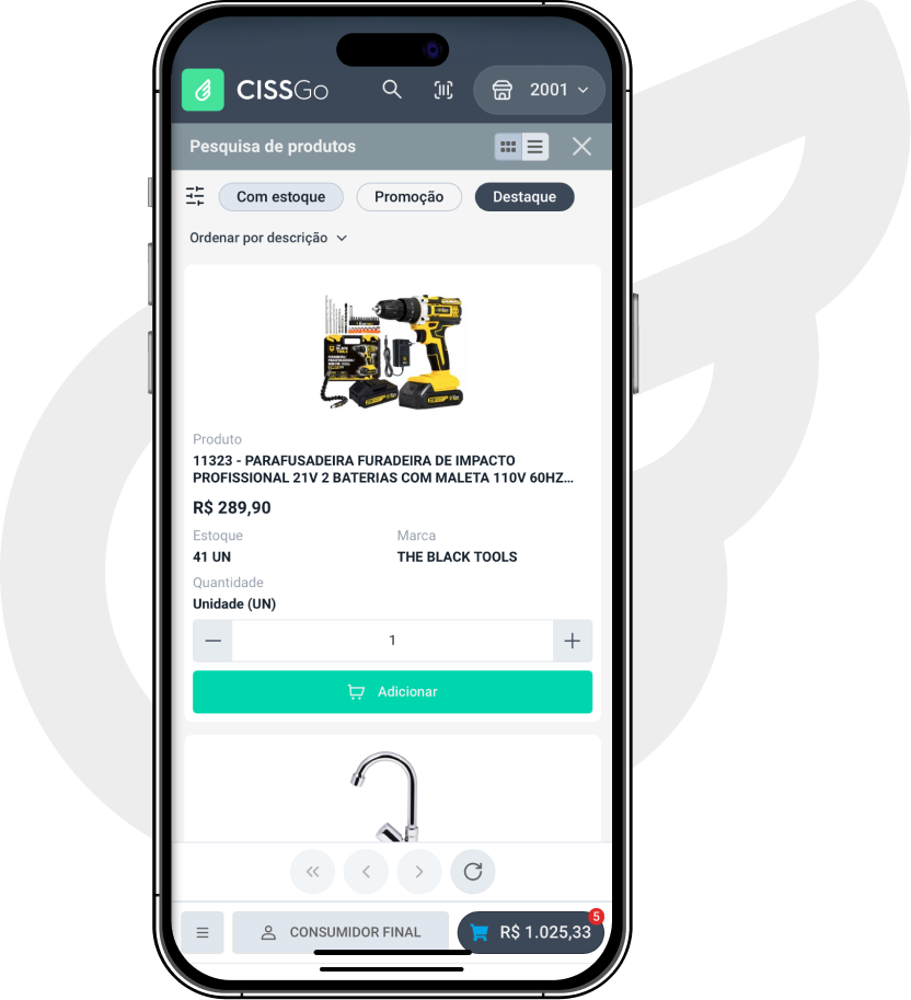 Smartphone com tela do CISSGo com produtos em destaque