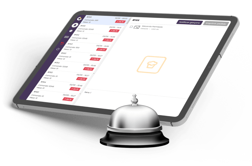Tablet com a tela do sistema CISSKDS e uma campainha de mesa