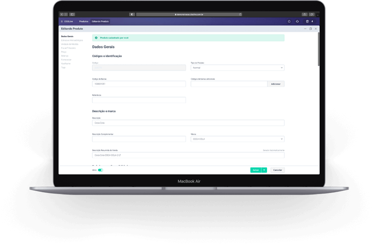Notebook com tela do cadastro de produto do sistema erp CISSLive