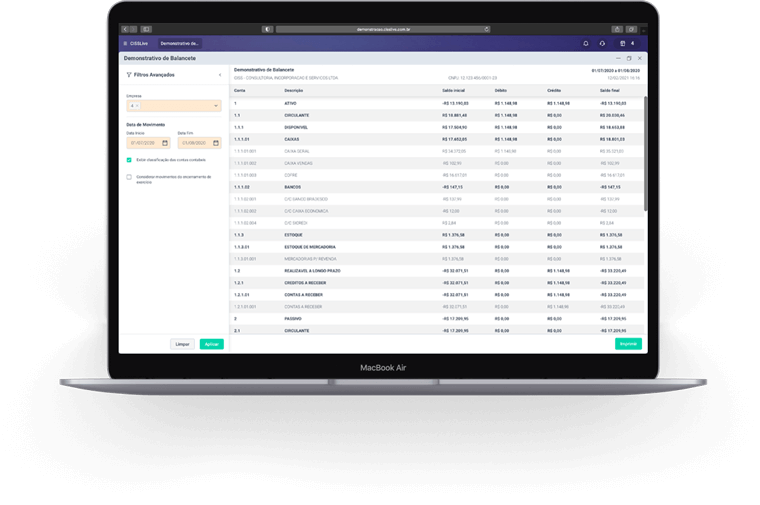 Notebook com tela de demonstrativo de balancete do sistema erp CISSLive