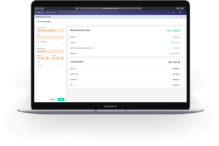 Notebook com tela de movimentação de caixa do sistema erp CISSLive
