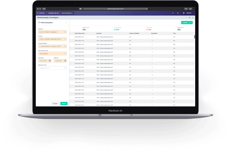 Notebook com tela de movimentação cronologica de estoque do sistema erp CISSLive