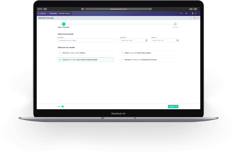Notebook com tela de cadastro de promoção do sistema erp CISSLive
