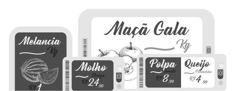 Exemplos de vários tamanhos e formatos de etiquetas eletronicas